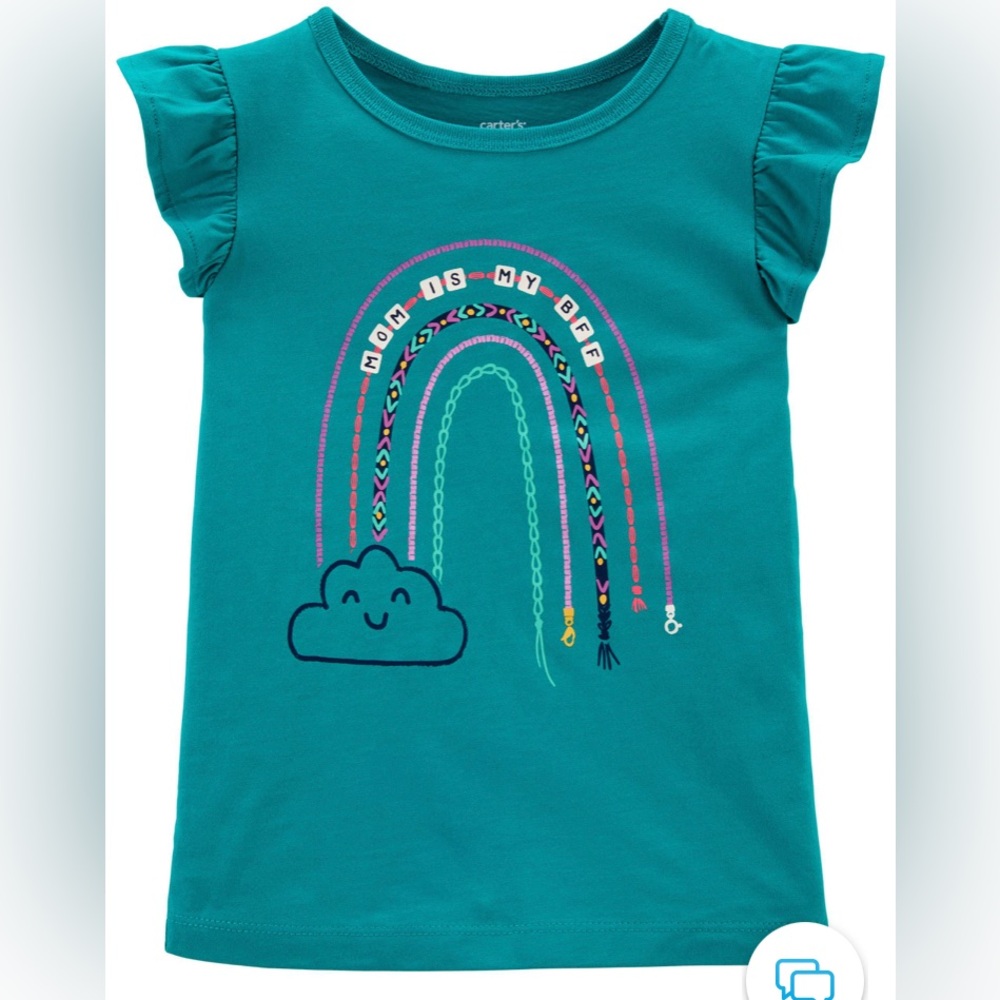 New Carter’s Girls 3T Graphic Top T-shirt Teal Blue Ruffle Rainbow Cotton